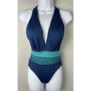 Badgley Mischka V Plunge Dip Back Colorblock One Piece Blue Size 6